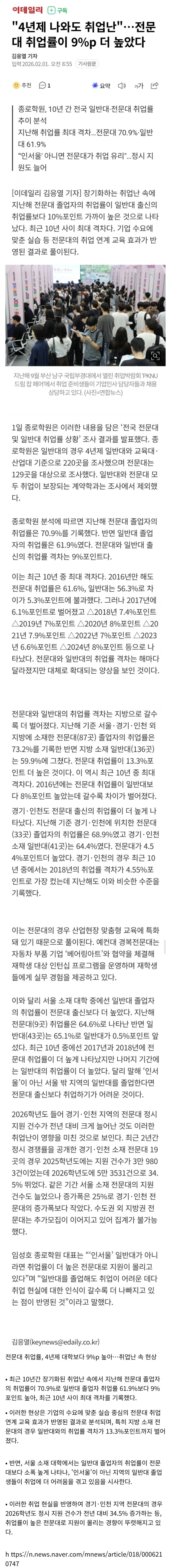  전문대 취업률이 9%p 더 높다