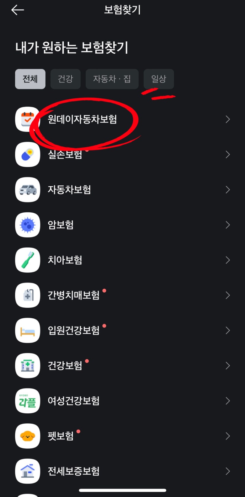 카카오톡 원데이자동차보험 자동차 일일보험 가입하는 방법 (캡쳐 따라하기)