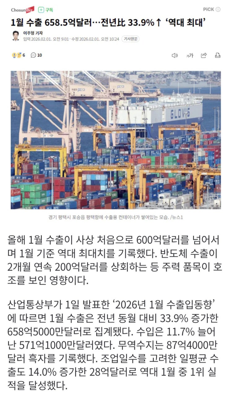  대한민국 1월 수출 658.5억달러, 전년 대비 33.9% 증가