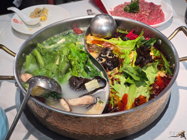  칭다오훠궈 Tongdelai Hot Pot" (彤德莱火锅) 동들레샤브 통더라이