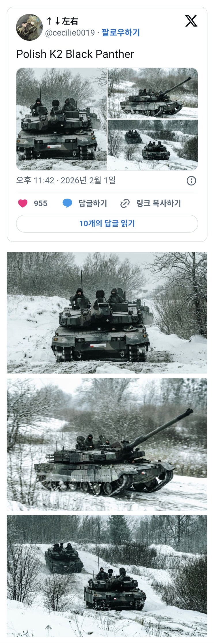  눈내린 산에서 기동하는 폴란드군 K2GF.jpg