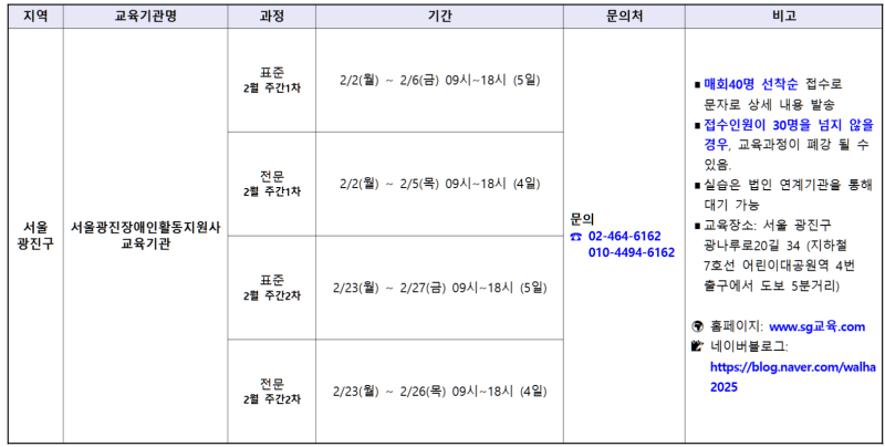 장애인 활동지원사 2026년 2월 서울 교육 일정 모음