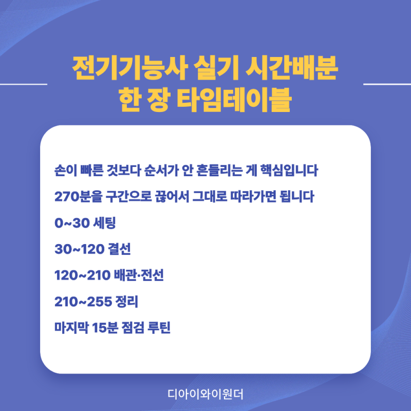 전기기능사 실기 시간배분 타임테이블표, 구간별 작업순서와 마지막 15분 점검 루틴