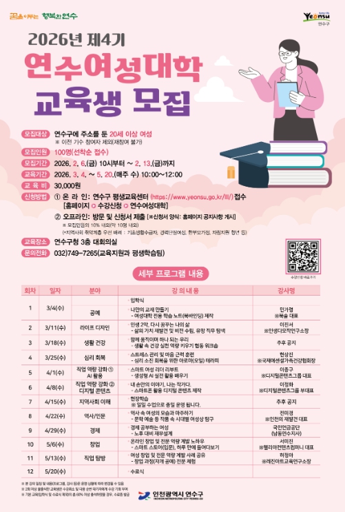 연수구, 제4기 연수 여성대학 교육생 선착순 모집