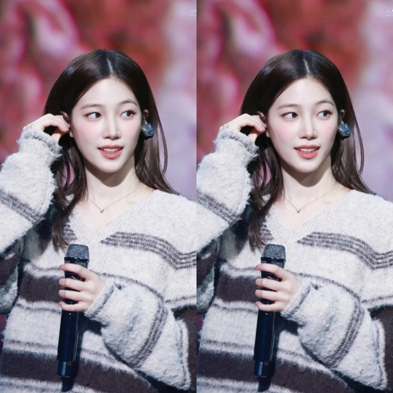 르세라핌 카즈하 브라운 스트라이프 니트 스웨트 옷 착장 정보