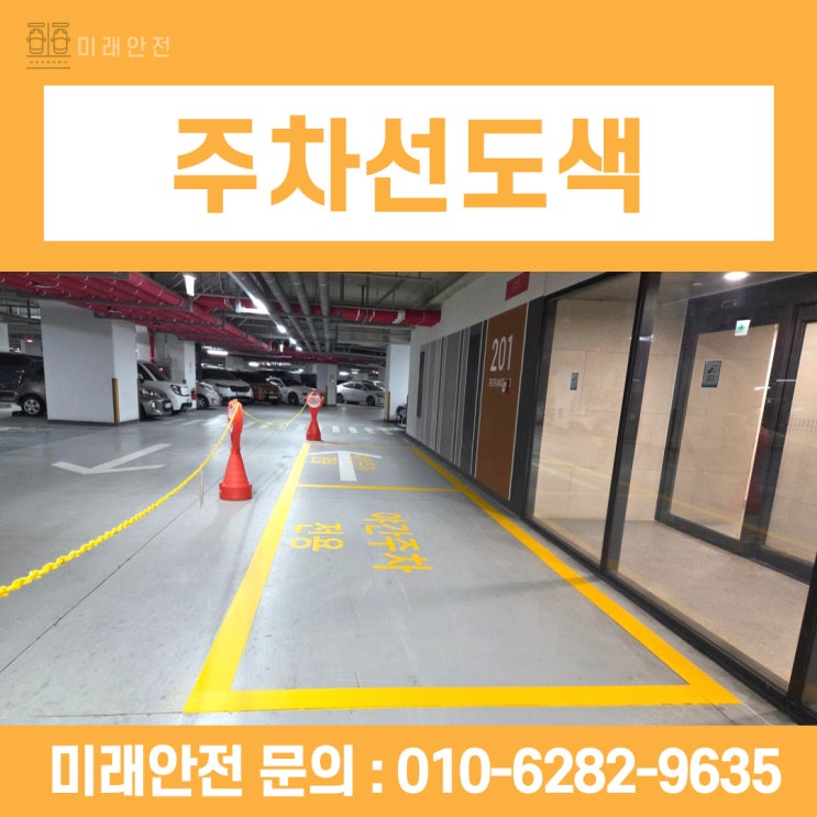  주차선도색 램프 중앙선부터 야간 전용 구역까지 채운 시공 현장