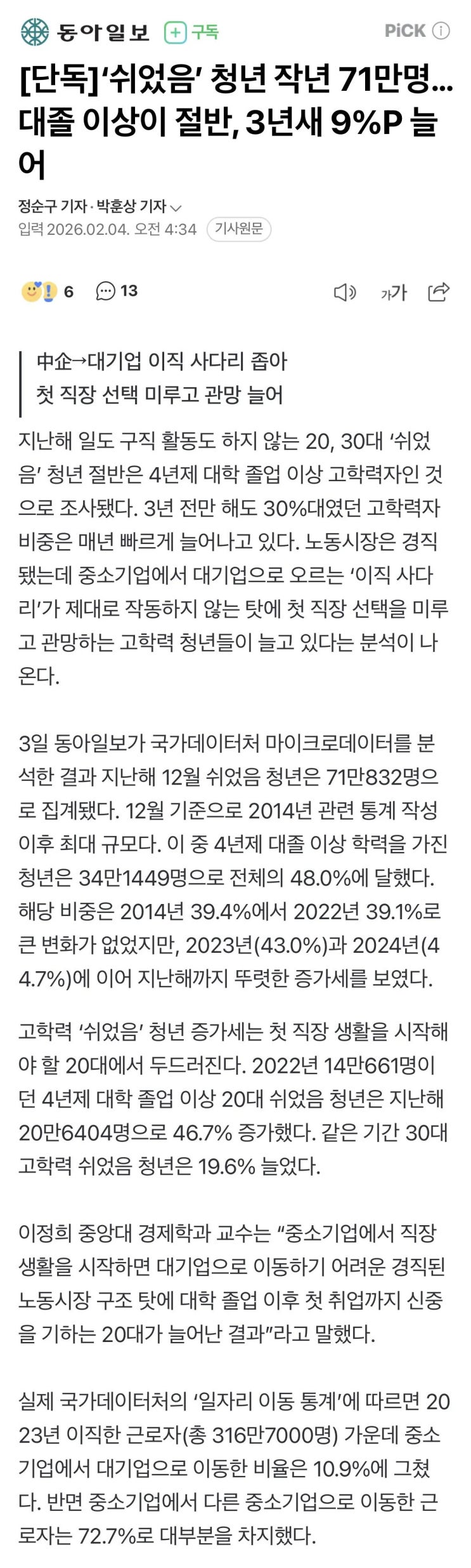  쉬었음’ 청년 작년 71만명, 대졸 이상이 절반, 3년새 9%P 늘다