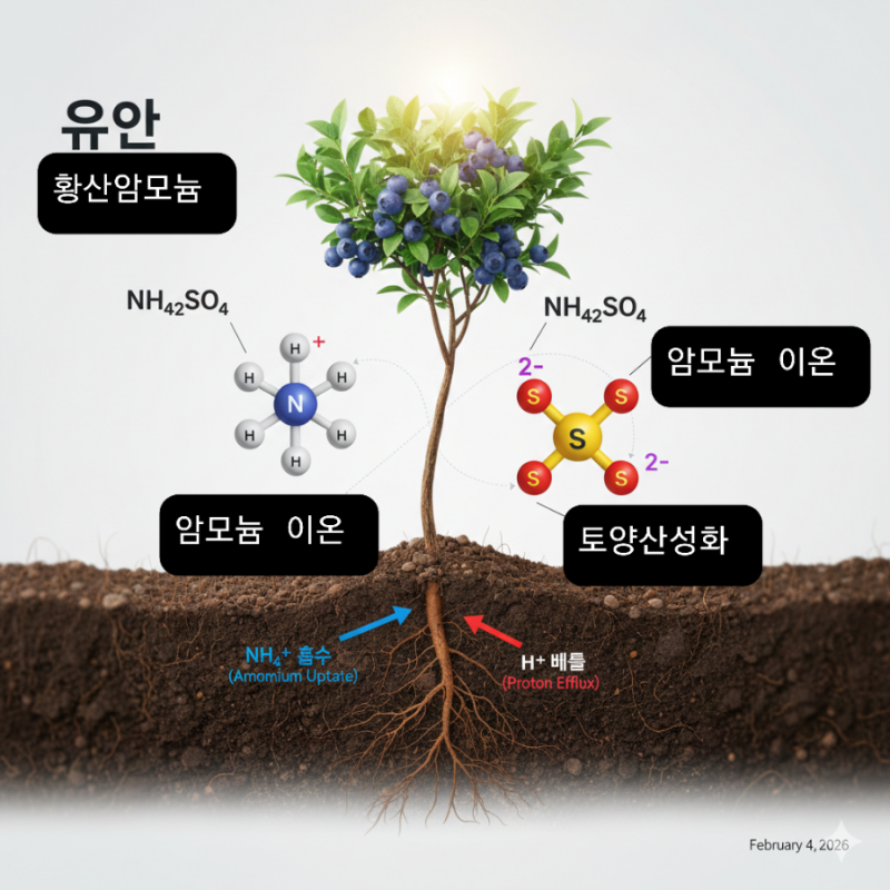 블루베리 재배의 핵심 비료인 유안(황산암모늄)의 분자식과 그 구조적 특징 .