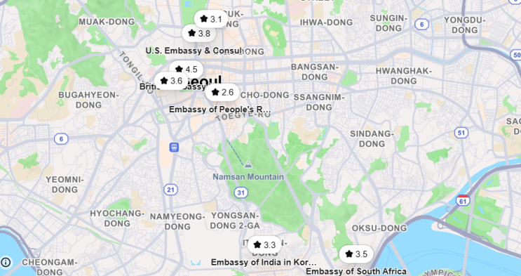  대한민국(서울) – 주요 외국 대사관 연락처 목록 (Embassies in Seoul)