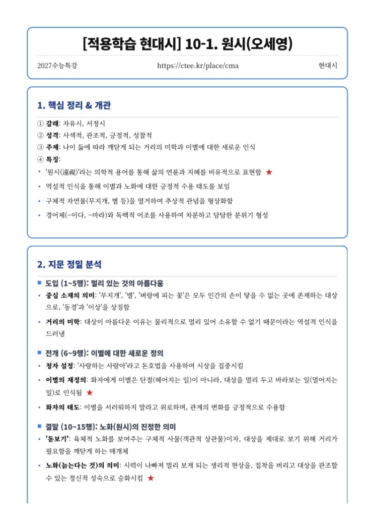  2027수능특강 적용학습 [적용학습 현대시] 10. 원시(오세영) 차심(손택수) 핵심정리 [창현고1CMA국어영어학원]