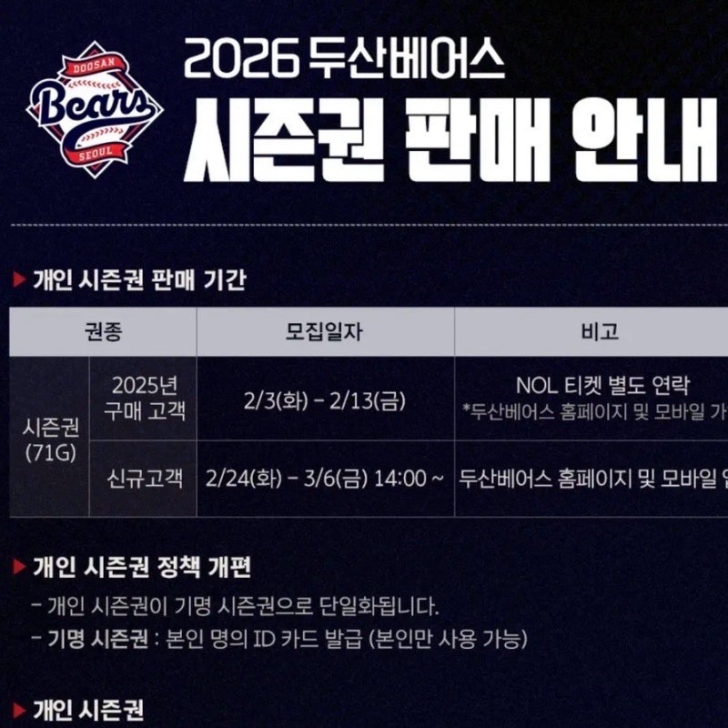 두산베어스 2026 시즌권 판매 일정 및 가격, 어디서 예매할 수 있을까요?