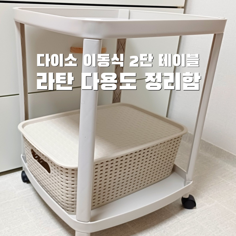 다이소 2단 이동식 테이블 트롤리 with 라탄 다용도 정리함