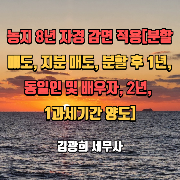  농지 8년 자경 감면 적용[필지 분할 매도, 지분 매도, 분할 후 1년, 동일인 및 배우자, 2년, 1과세기간 양도]