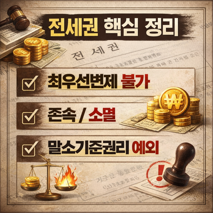  전세권 핵심 정리: 최우선변제 불가, 존속/소멸, 말소기준권리 예외까지