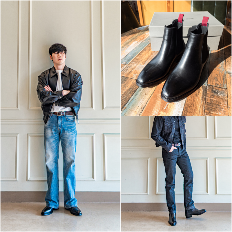 블랙 첼시 부츠 위로 떨어지는 깔끔한 테이퍼드 슬랙스의 밑단 디테일 컷
