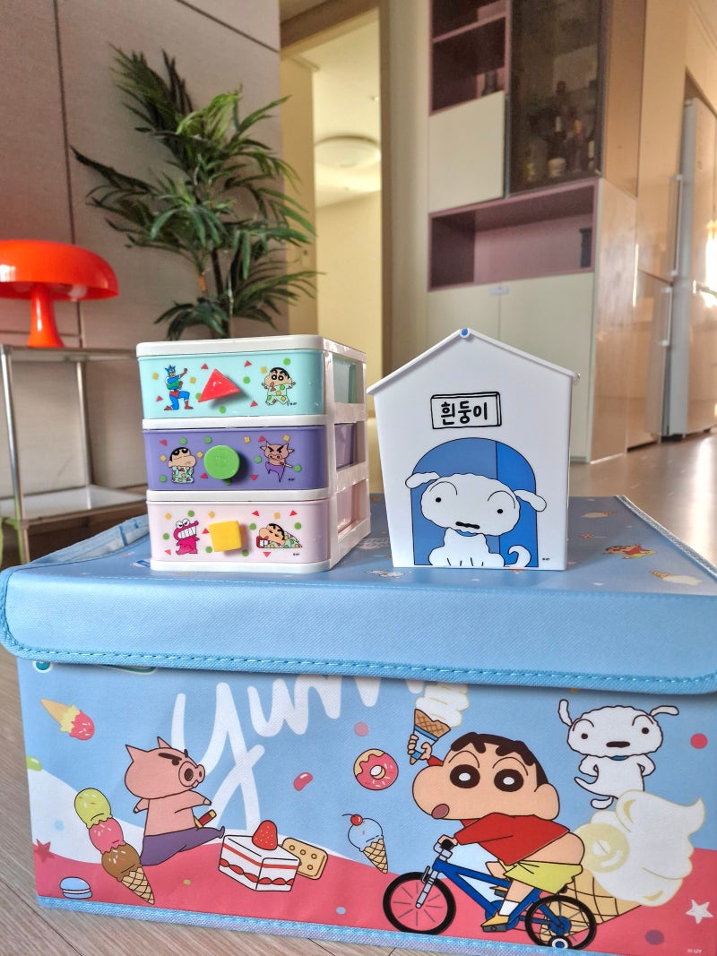 다이소 짱구 신상 흰둥이 휴지통 부직포 수납함 손잡이 서랍장 후기