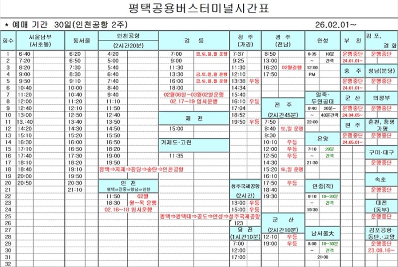 [2026년 최신] 평택시외버스터미널 운행시간표 예매 요금 노선정보 취소수수료 내부시설 총정....