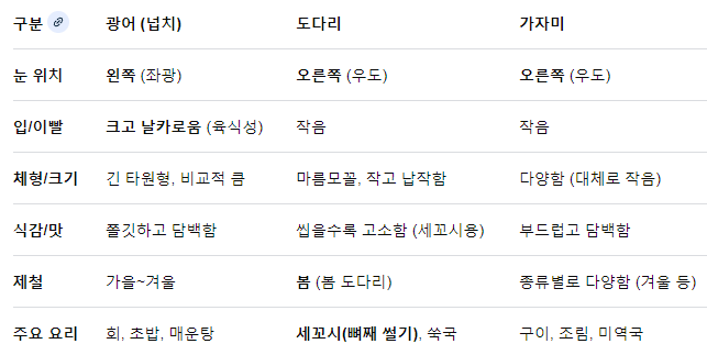 광어, 도다리 및 가자미 차이 (구분법)