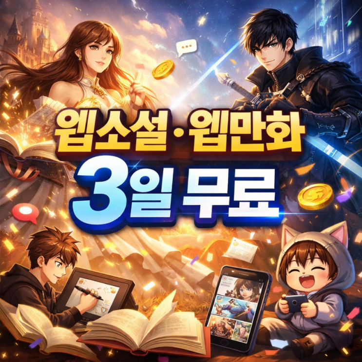  웹소설 웹만화 3일 무료, 가입만 해도 전작품 열람 가능 (구독료 0원)