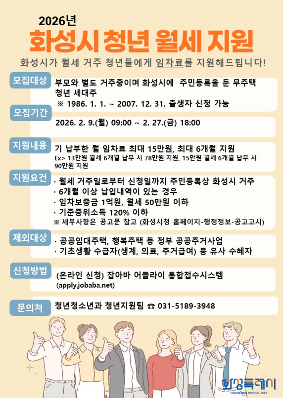 [화성시 2026년 청년정책] 청년 월세 지원, 최대 얼마까지? 신청 대상 방법