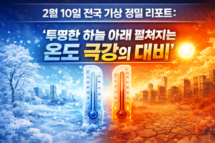  2월 10일 전국 기상 정밀 리포트: 투명한 하늘 아래 펼쳐지는 온도 극강의 대비