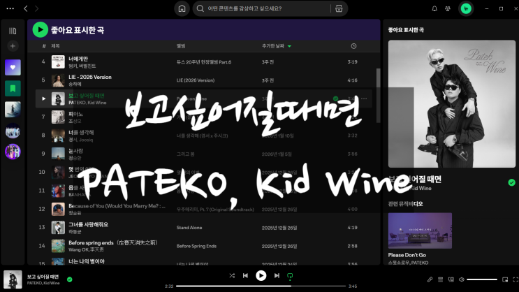  Spotify 플레이리스트 | 보고 싶어질 때면 - PATEKO(파테코), Kid Wine
