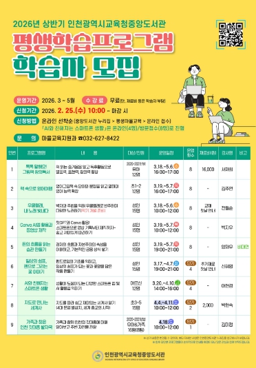 인천광역시교육청중앙도서관, ‘상반기 평생학습프로그램’ 학습자 모집