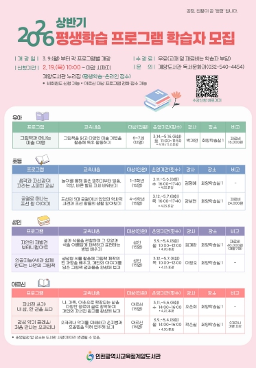인천광역시교육청계양도서관, ‘상반기 평생학습 프로그램’ 학습자 모집