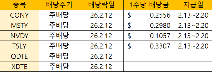  [CONY, MSTY, NVDY, TSLY, QDTE, XDTE] 26년 2월 12일 배당금 알아봅니다.