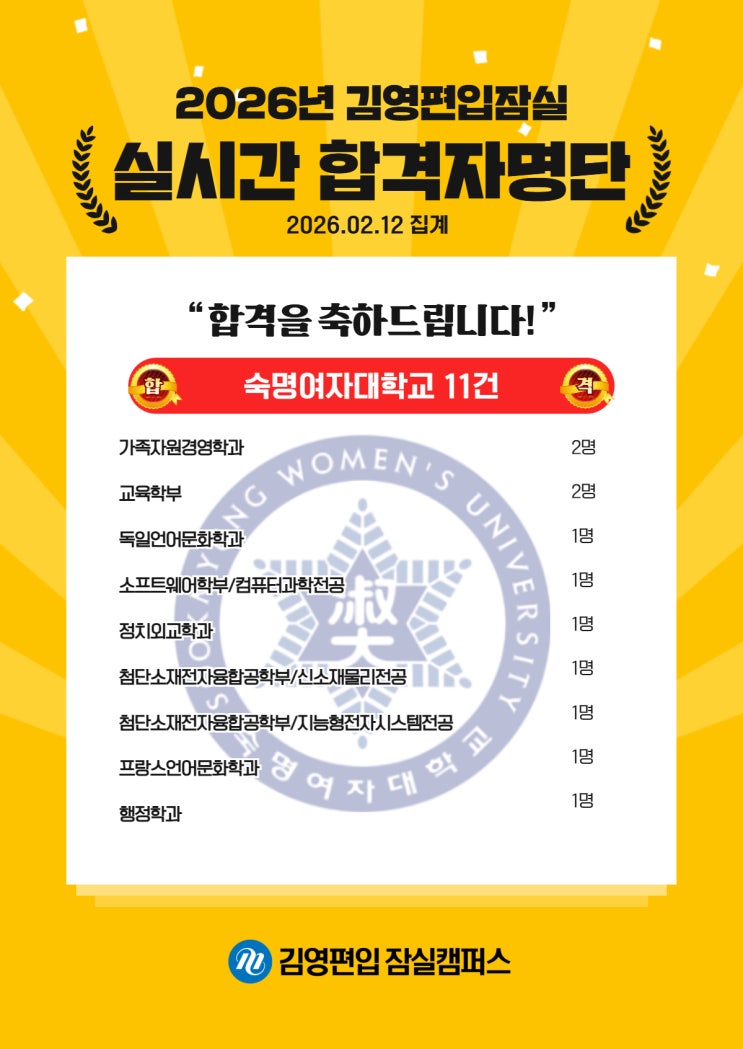  김영편입 잠실_26대비 실시간 합격_숙명여자대학교