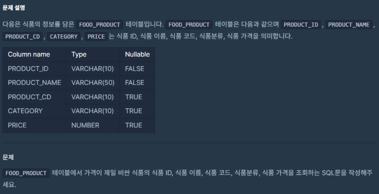  SQL_프로그래머스_가격이 제일 비싼 식품의 정보 출력하기