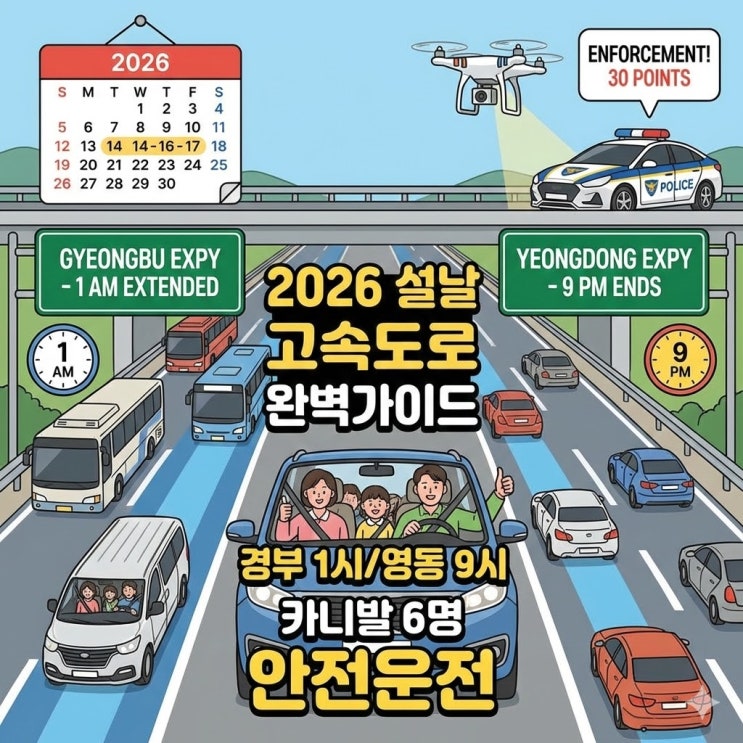  2026 설 연휴 고속도로 버스전용차로 운영시간 & 통행료 면제 완벽 가이드 (카니발 9인승 6명 탑승 기준 포함)
