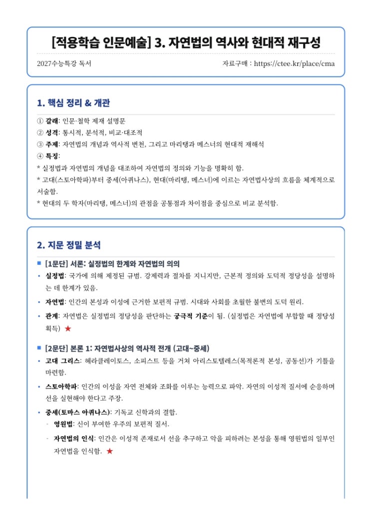  2027수능특강 [적용학습 인문예술] 3. 자연법의 역사와 현대적 재구성 핵심정리 [우만동CMA국어영어학원]