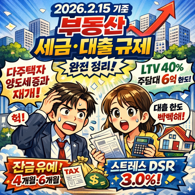  2026 부동산 세금 대출 규제 총정리 (2/15 기준): 양도세 5/9, 잔금 4·6개월, 스트레스 DSR 3.0%