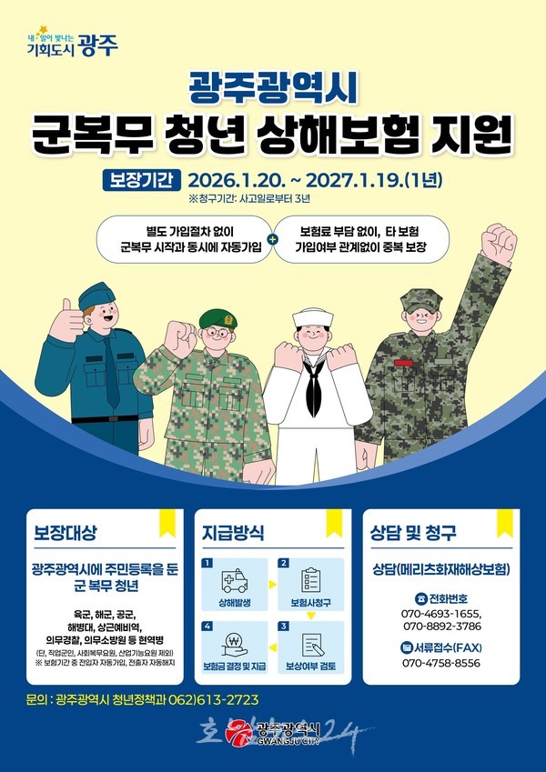 광주시, ‘군복무 청년 상해보험 가입’ 지원..최고 3000만 원 보장
