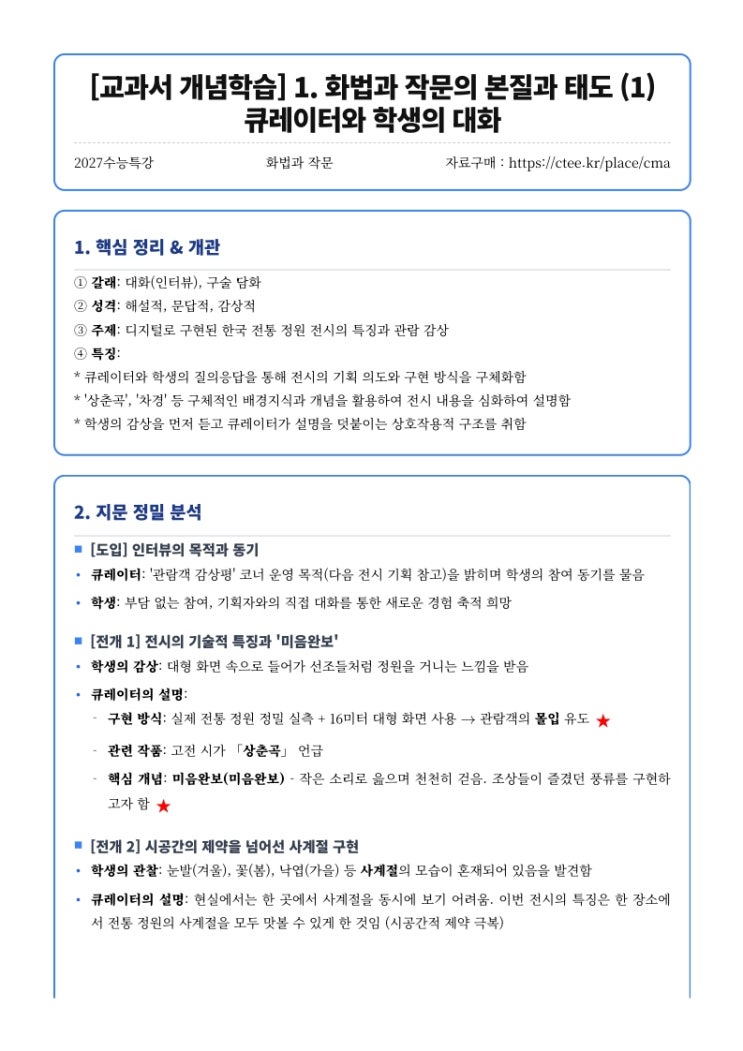  2027수능특강 화법과 작문 [교과서 개념학습] 1. 화법과 작문의 본질과 태도 (1) 큐레이터와 학생의 대화 핵심정리 [창현고유신고CMA국어영어학원]