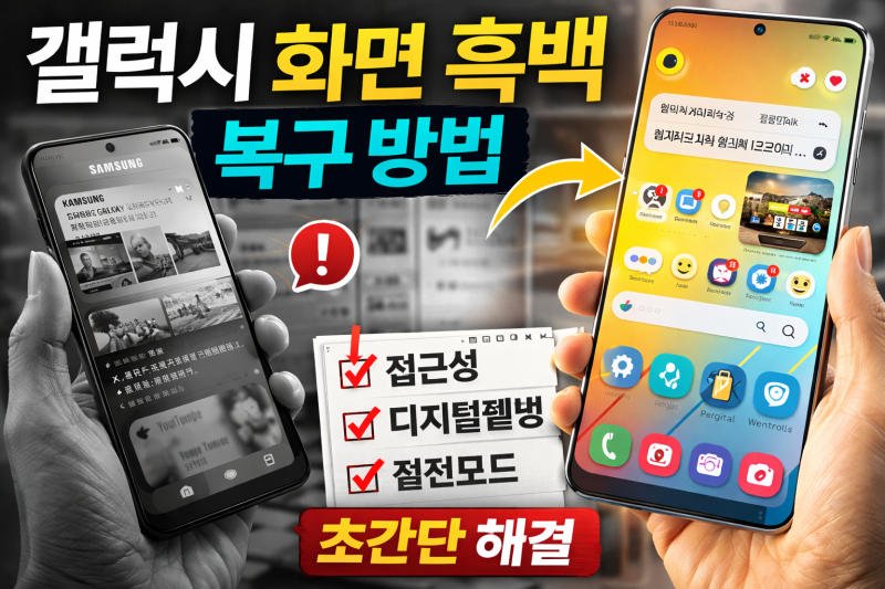 갤럭시 화면이 흑백으로 바뀌었을 때 복구 방법 (초간단 해결)