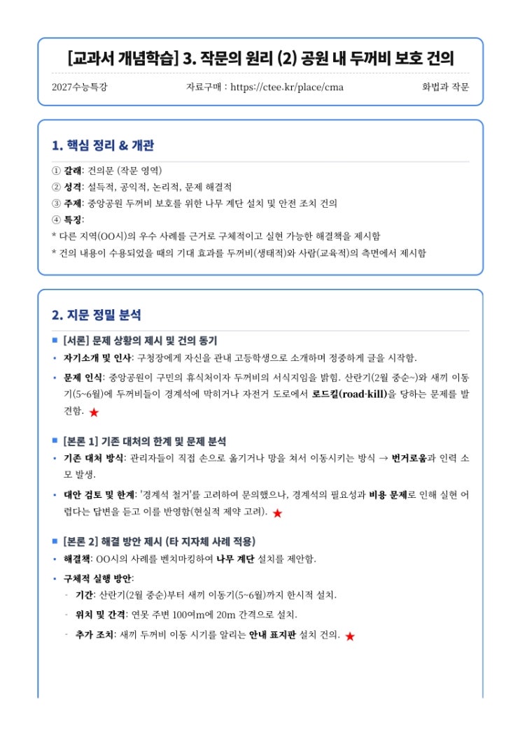  2027수능특강 화법과 작문 [교과서 개념학습] 3. 작문의 원리 (2) 공원 내 두꺼비 보호 건의 핵심정리 [수원CMA고입대입입시컨설팅]