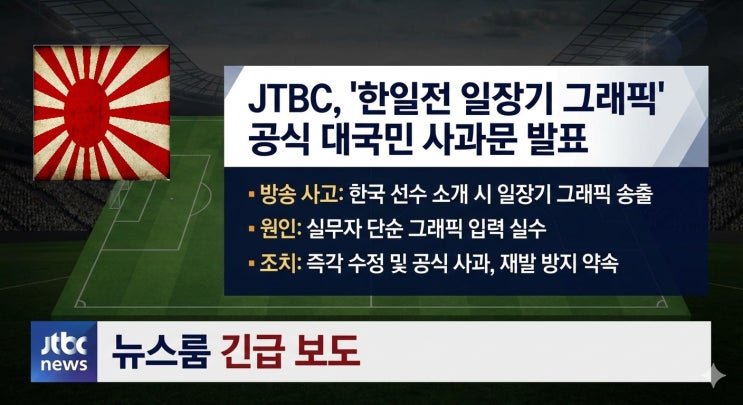  공식입장｜JTBC 일장기 그래픽 방송 사고 대국민 사과문 발표…한일전 중계 중 무슨 일이?