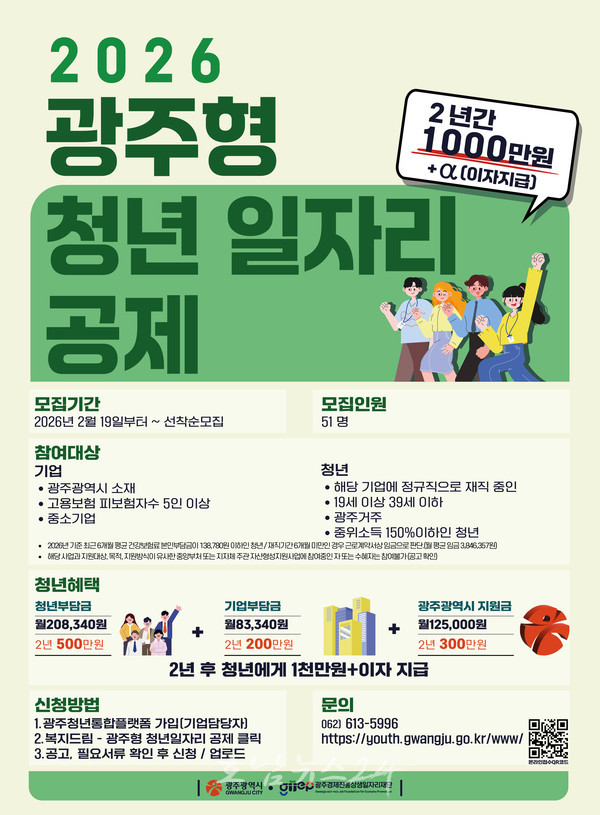  ‘2026 광주형 청년일자리 공제 사업’ 참여자 모집, 500만 원 적립하면 1000만 원 만들어준다