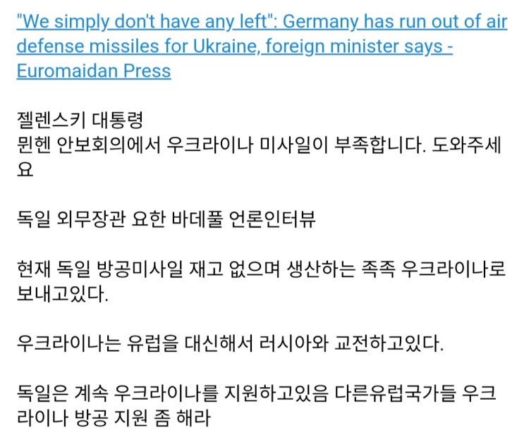  독일 외무장관, 우리는 우크라이나 지원 방공미사일 재고가 없다.