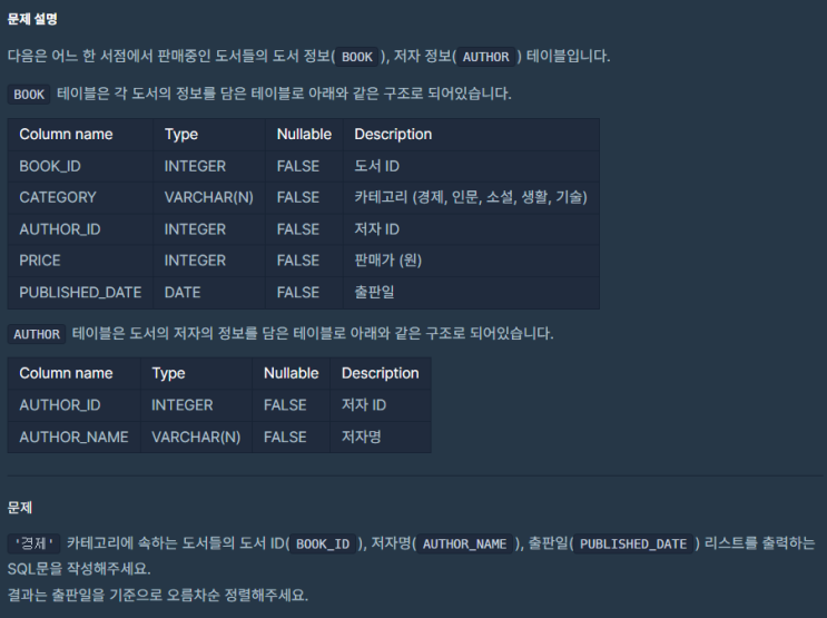 SQL_프로그래머스_조건에 맞는 도서와 저자 리스트 출력하기