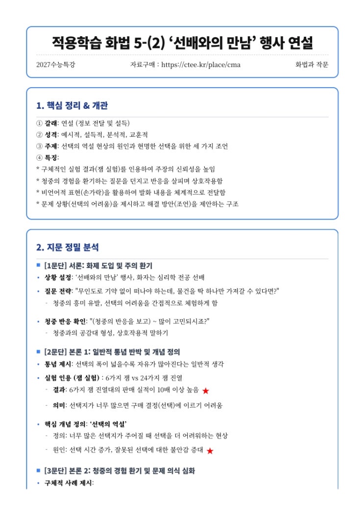  2027수능특강 화법과 작문 적용학습 화법 5-(2) ‘선배와의 만남’ 행사 연설 핵심정리 [수원CMA수시전문국어영어]