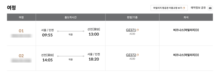  아시아나 마일리지로 선전 왕복 비즈니스 발권기