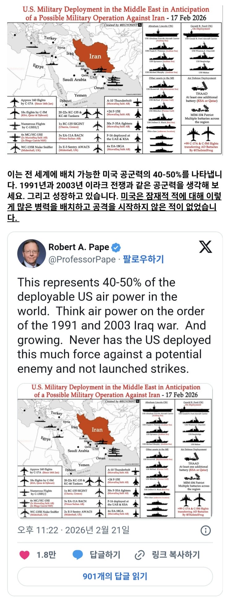  미 공군 전력의 50%가 중동에 배치