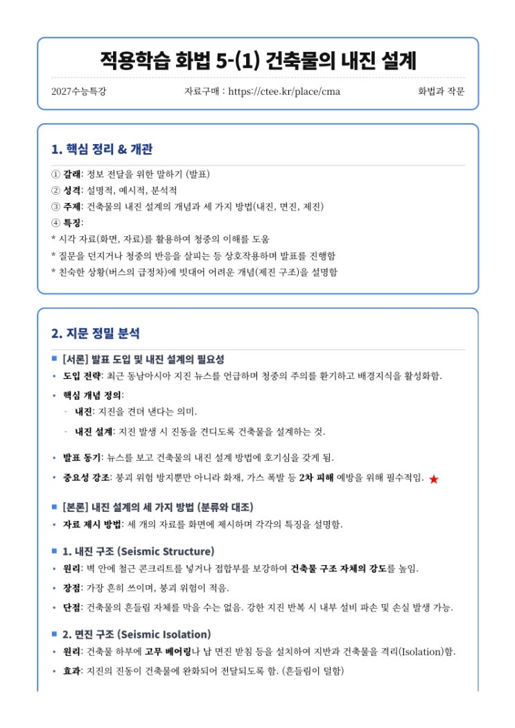  2027수능특강 화법과 작문 적용학습 화법 5-(1) 건축물의 내진 설계 핵심정리 [수원CMA수시전문국어영어]