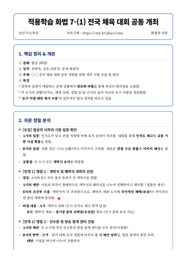 2027수능특강 화법과 작문 적용학습 화법 7-(1) 전국 체육 대회 공동 개최 핵심정리 [수원CMA수시전문국어영어]