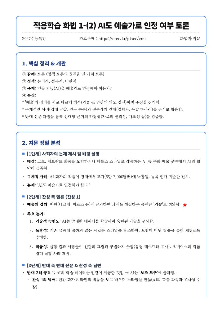  2027수능특강 화법과 작문 적용학습 화법 1-(2) AI도 예술가로 인정 여부 토론 핵심정리 [수원CMA수시전문국어영어]
