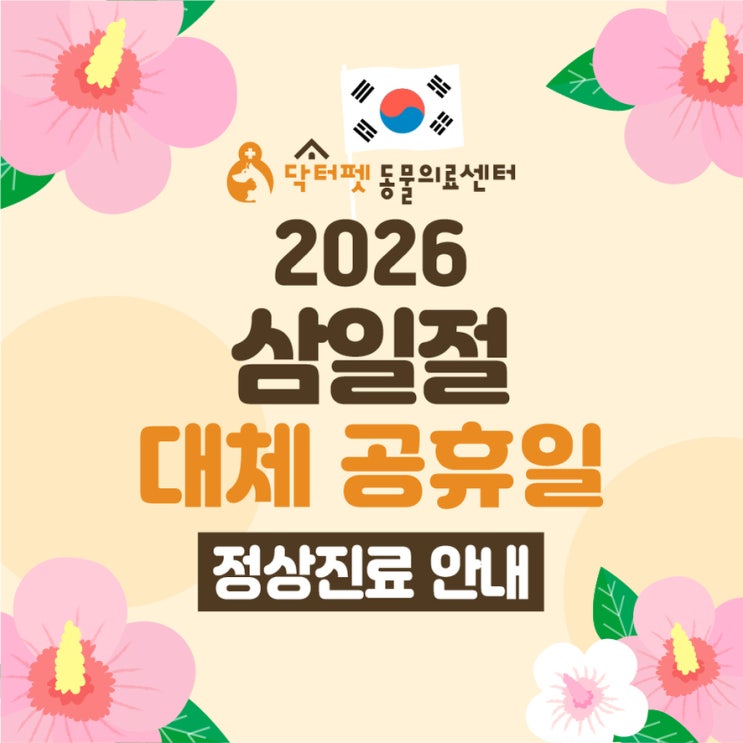  닥터펫동물의료센터 2026년 3월 2일 삼일절 대체 공휴일 정상진료 안내 (부산 사상구 부산진구 개금 빨간날 일요일 24시 동물병원 강아지 고양이 응급실)