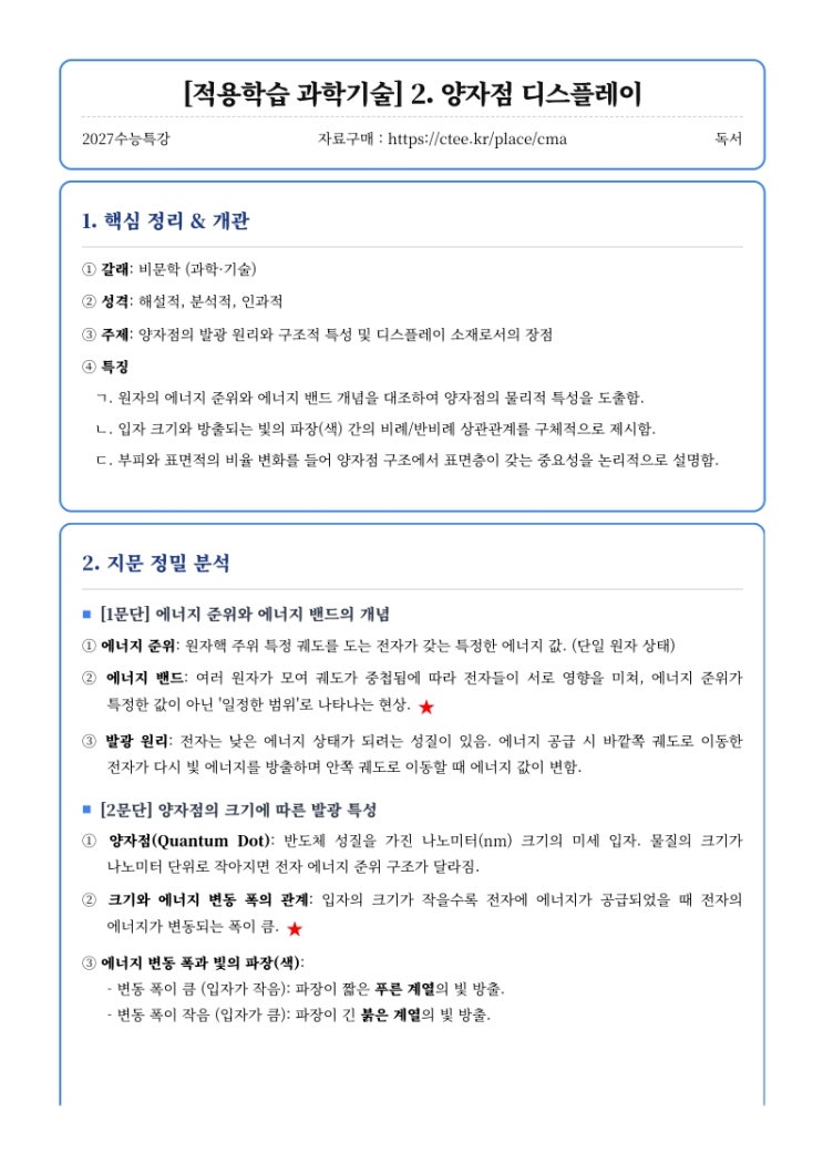  2027수능특강 독서 [적용학습 과학기술] 2. 양자점 디스플레이 핵심정리 [수원CMA수시전문국어영어]